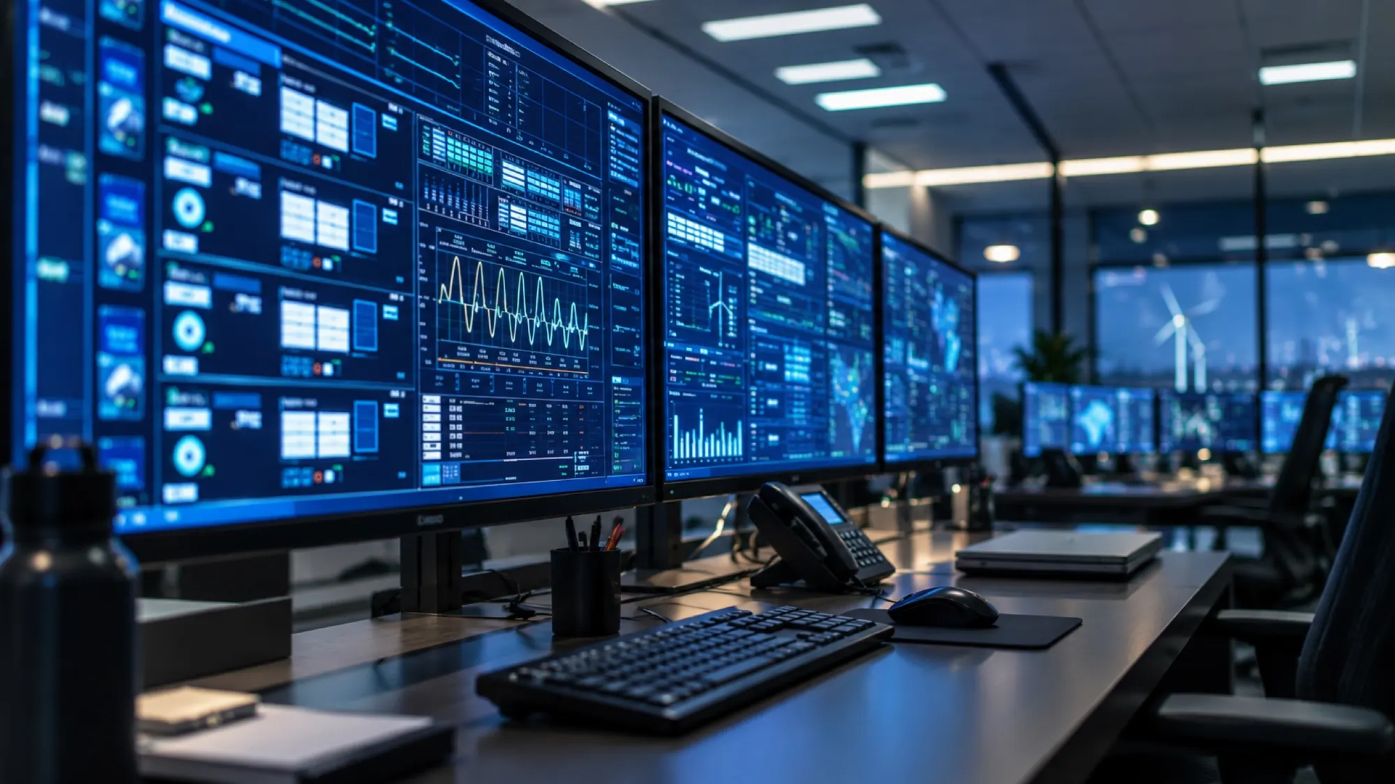 Operations staff reviewing live portfolio data on a control-room wall